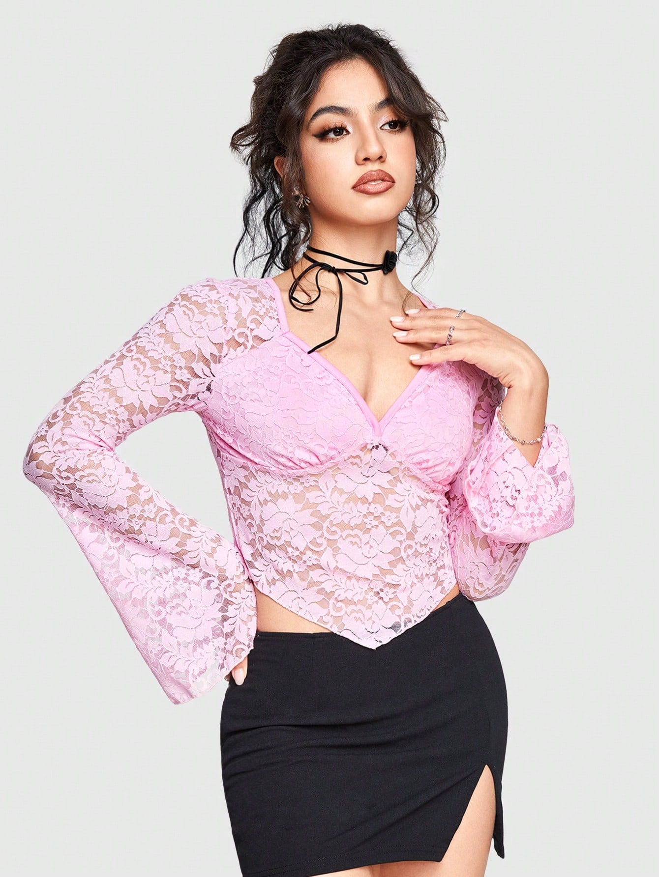 Sweetness Blusa De Manga Acampanada Y Encaje De Color Sólido Para Mujeres