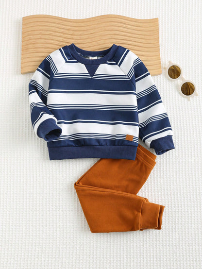 Cozy Pixies 2 piezas Conjunto de parte superior de manga larga de cuello redondo a rayas y pantalón con puños elásticos para bebé niño, ropa para bebé niño
