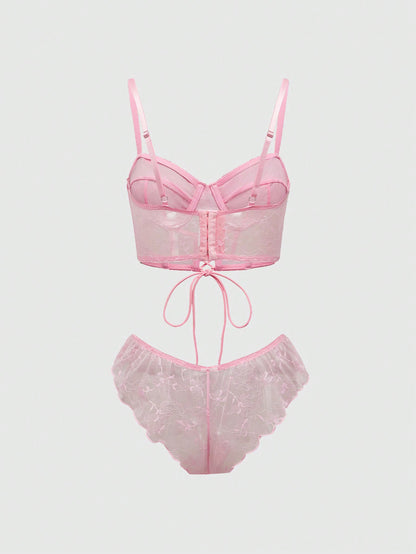 ROMWE Kawaii Conjunto de lencería sexy romántica y dulce con sujetador de encaje con aros, cruzado con decoración de mariposas huecas y tiras en T