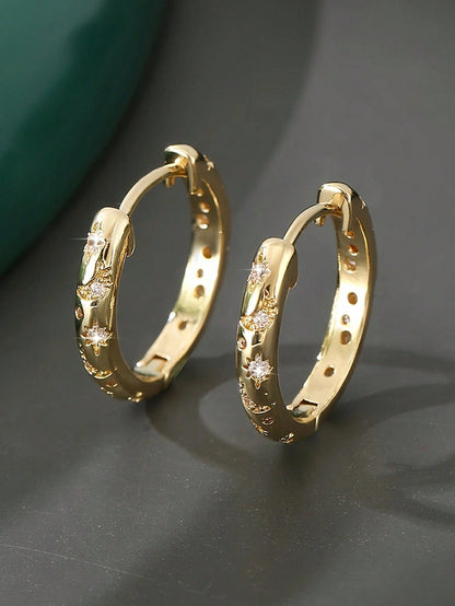 1 Par De Aretes De Aro En Forma De Estrella, Luna Y Redondos, De Cobre De Lujo Con Incrustaciones De Colores Múltiples, El Regalo Perfecto Para Una Cita