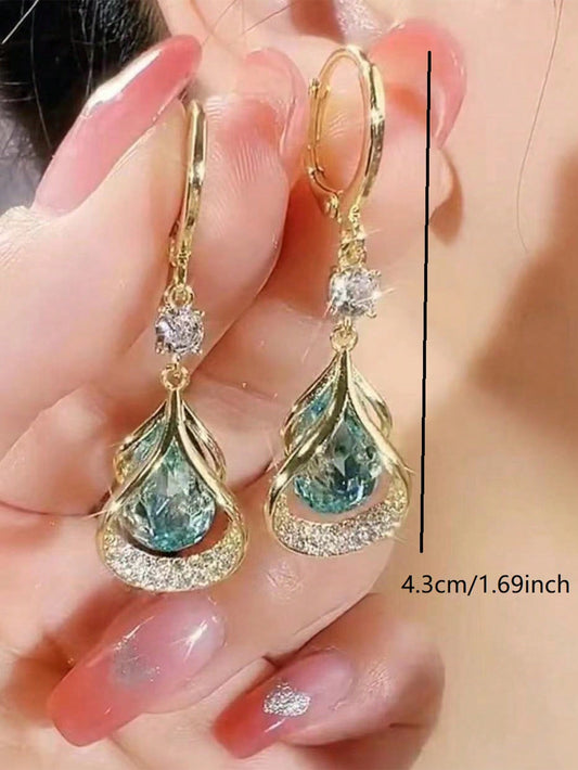 1 par de pendientes geométricos de lágrima de ojo de gato de piedra de alta gama, pendientes de lágrima elegantes y estilizados de lujo de nicho para mujeres
