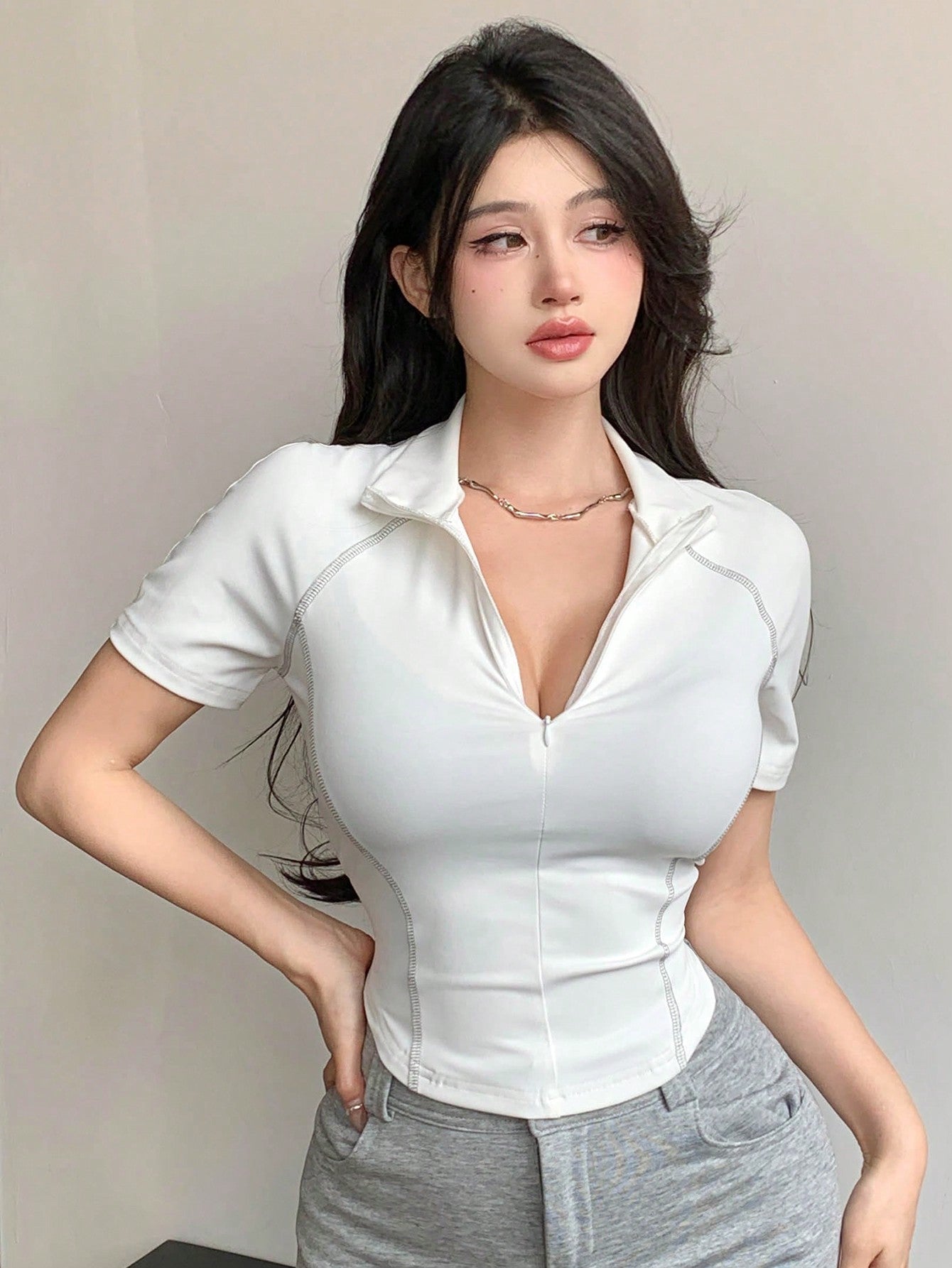 DAZY Mujer verano unicolor cremallera con media tapeta, ajustado manga raglán manga corta camiseta