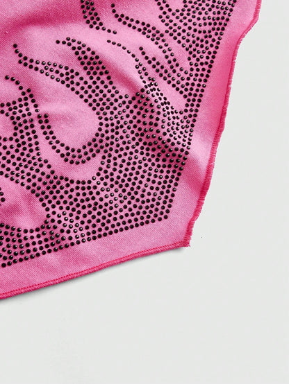 ROMWE Avant Camiseta de tirantes con dobladillo asimétrico, patrón de llama, adornos de rhinestones y lazo en el borde para mujer