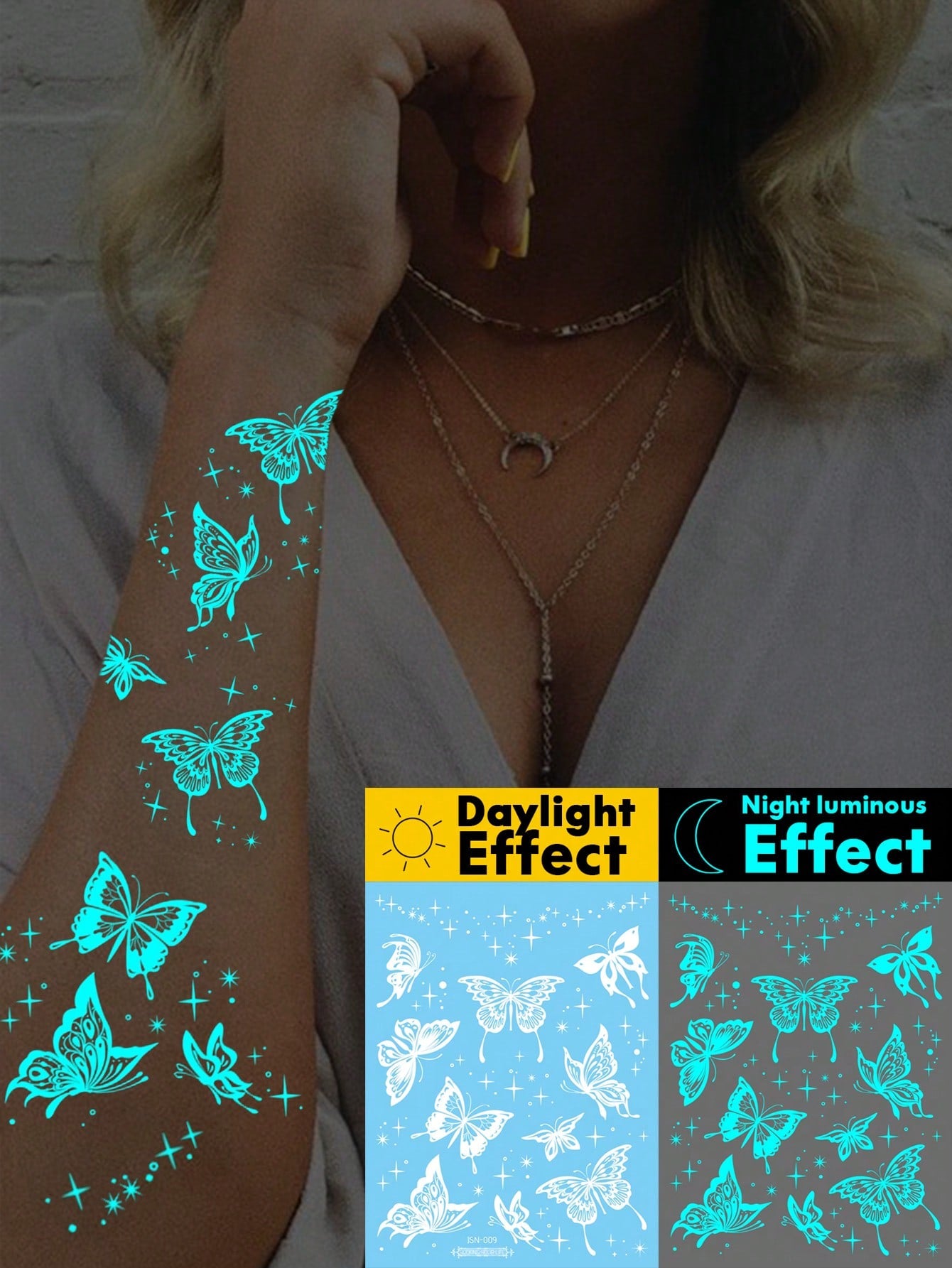 1 Hoja Gran Tamaño De Brillantina Azul Luminosa Y Tatuajes Temporales Originales De Arte Corporal Brillan En La Oscuridad Con Tinta Blanca, Patron De Mariposa Brillante Estrella