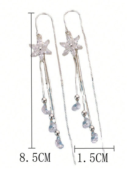 1 Par (2 Piezas) Elegante Pendientes De Rosca Para Mujeres Que Combinan Con Todo, Con Flores Y Borlas
