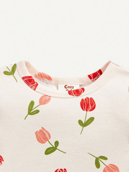 Cozy Pixies Conjunto de pijama ajustado para bebé niña, parte superior de manga corta con cuello redondo con diseño floral y shorts, 4 piezas