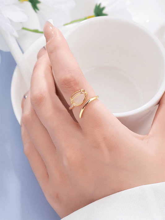 1 Anillo De Forma De Botón De Tulipán Blanco Con Perla Simulada Y Piedra De Ojo De Gato