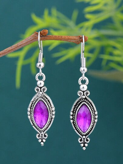 Pendientes con colgante de vidrio en forma de rombo con incrustaciones de rubí y diamantes de imitación, diseño elegante y minimalista adecuado para uso diario y fiestas