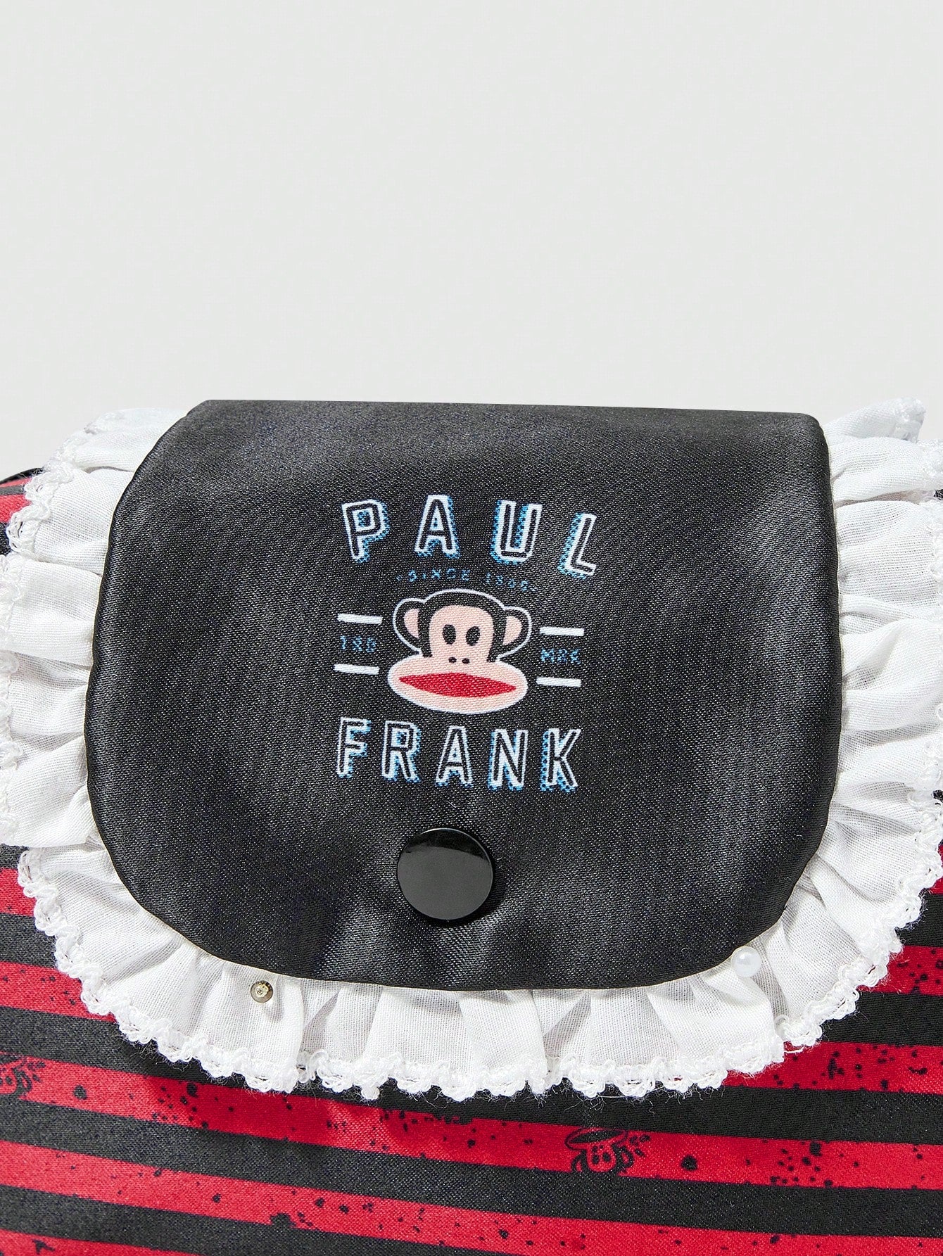 Paul Frank X ROMWE Organizador de cosméticos de gran capacidad portátil con bolso de maquillaje con diseño de encaje blanco, dibujos animados y rayas