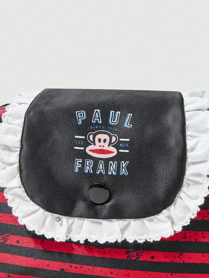 Paul Frank X ROMWE Organizador de cosméticos de gran capacidad portátil con bolso de maquillaje con diseño de encaje blanco, dibujos animados y rayas