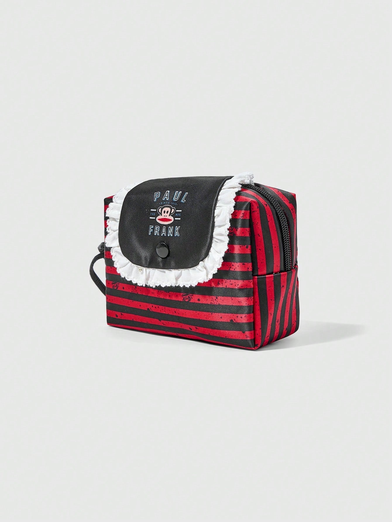 Paul Frank X ROMWE Organizador de cosméticos de gran capacidad portátil con bolso de maquillaje con diseño de encaje blanco, dibujos animados y rayas