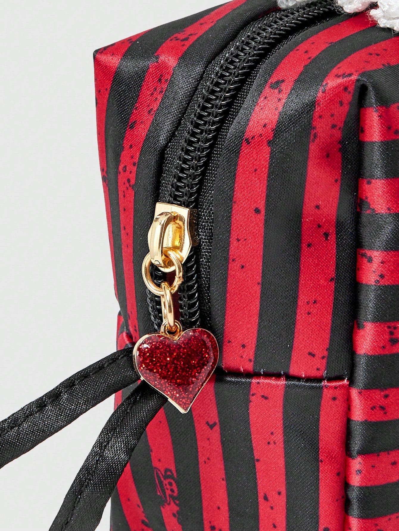 Paul Frank X ROMWE Organizador de cosméticos de gran capacidad portátil con bolso de maquillaje con diseño de encaje blanco, dibujos animados y rayas