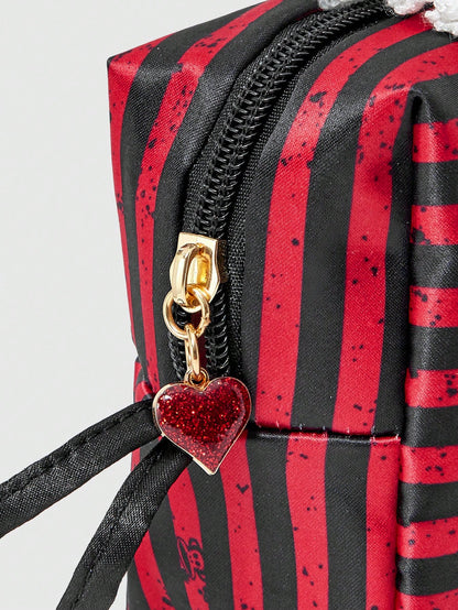 Paul Frank X ROMWE Organizador de cosméticos de gran capacidad portátil con bolso de maquillaje con diseño de encaje blanco, dibujos animados y rayas