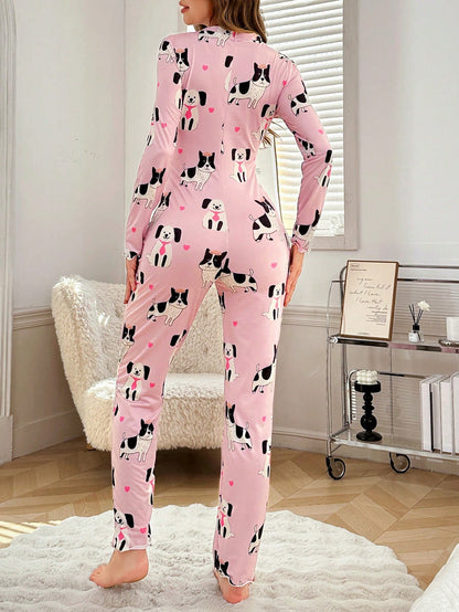 Pijama de una pieza con estampado de perrito lindo de manga larga y pantalones