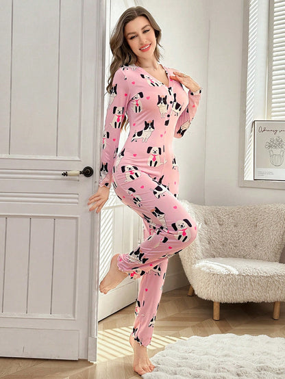 Pijama de una pieza con estampado de perrito lindo de manga larga y pantalones