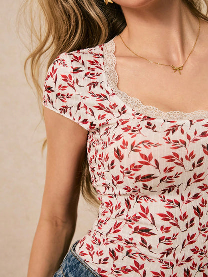 Poéselle Camiseta de verano con cuello redondo, paneles de encaje y estampado floral para vacaciones para mujeres