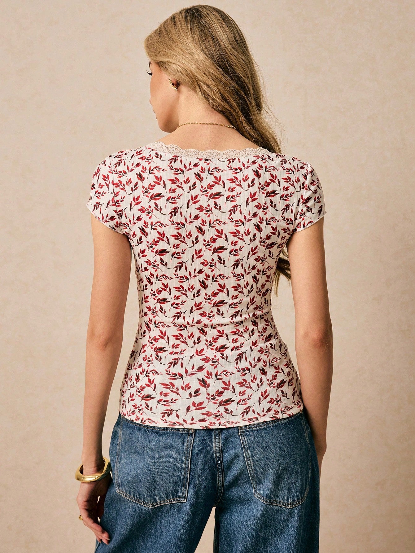 Poéselle Camiseta de verano con cuello redondo, paneles de encaje y estampado floral para vacaciones para mujeres