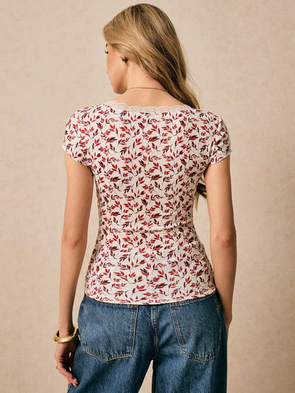 Poéselle Camiseta de verano con cuello redondo, paneles de encaje y estampado floral para vacaciones para mujeres