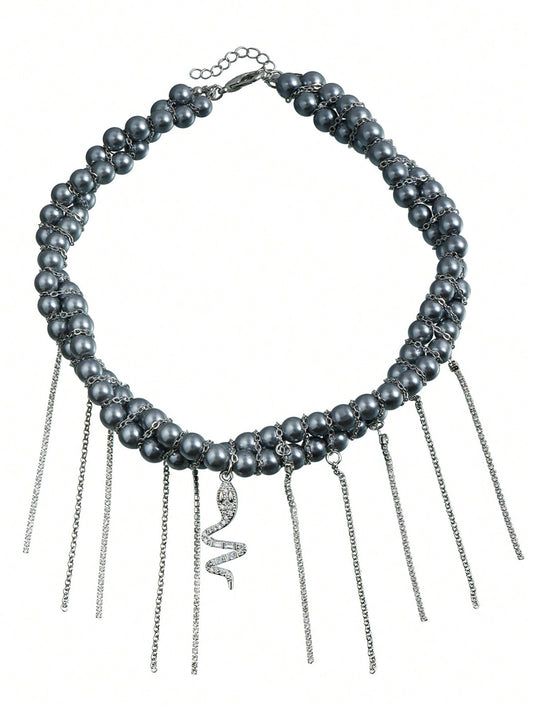 ROMWE 1 pieza Collar con cadena de perlas de doble capa y borlas para mujer