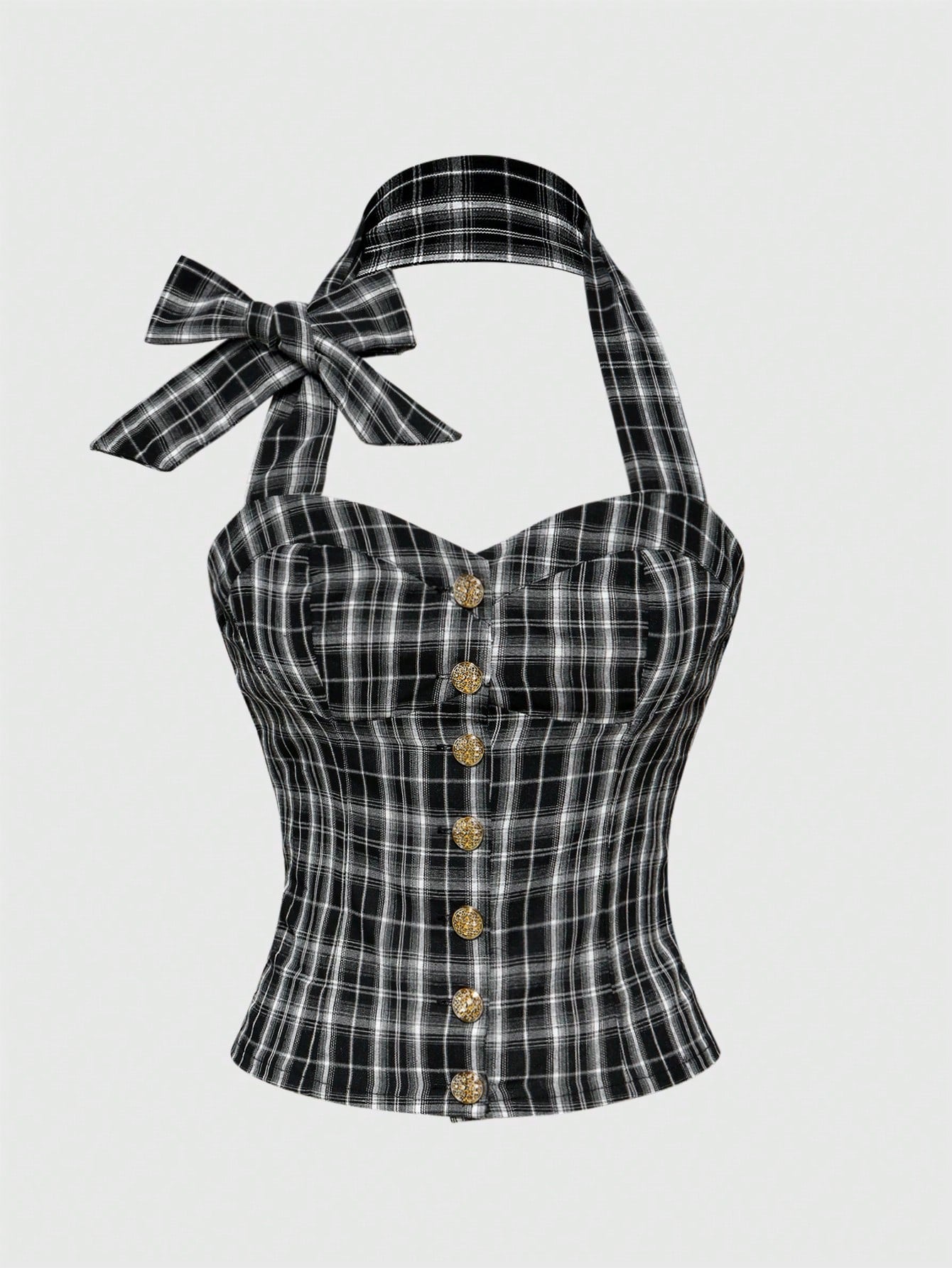 ROMWE Academia Blusa con escote abierto, con estampado de cuadros, espalda descubierta y lazo para mujer con estilo milenario Y2K de colegiala sexy