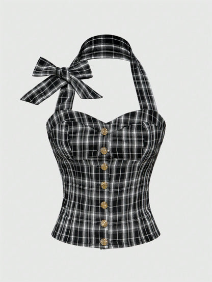 ROMWE Academia Blusa con escote abierto, con estampado de cuadros, espalda descubierta y lazo para mujer con estilo milenario Y2K de colegiala sexy