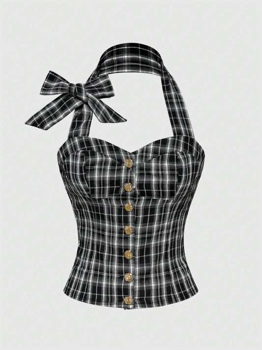 ROMWE Academia Blusa con escote abierto, con estampado de cuadros, espalda descubierta y lazo para mujer con estilo milenario Y2K de colegiala sexy