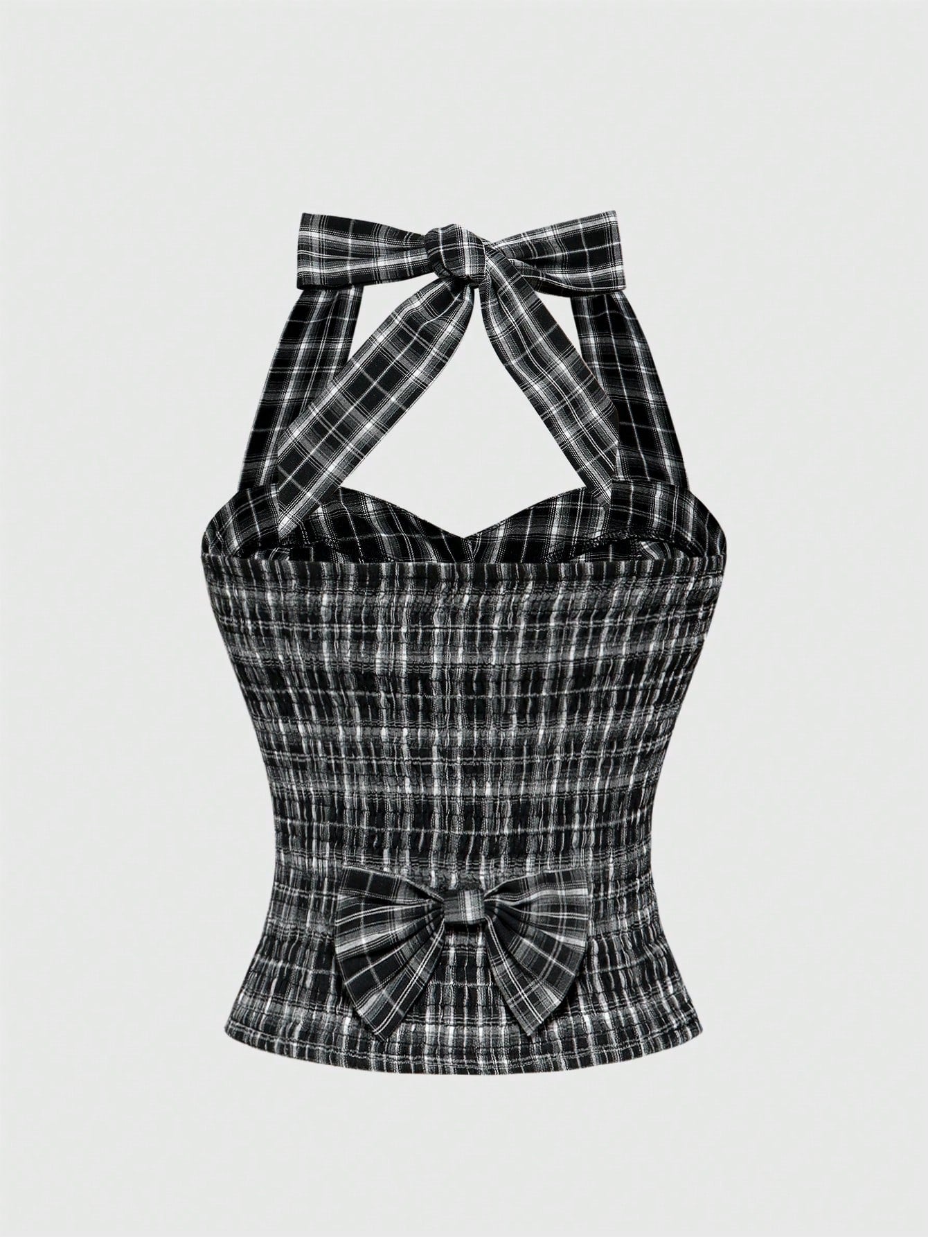 ROMWE Academia Blusa con escote abierto, con estampado de cuadros, espalda descubierta y lazo para mujer con estilo milenario Y2K de colegiala sexy