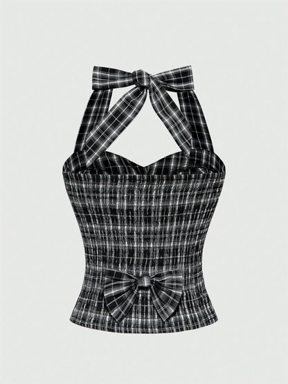 ROMWE Academia Blusa con escote abierto, con estampado de cuadros, espalda descubierta y lazo para mujer con estilo milenario Y2K de colegiala sexy
