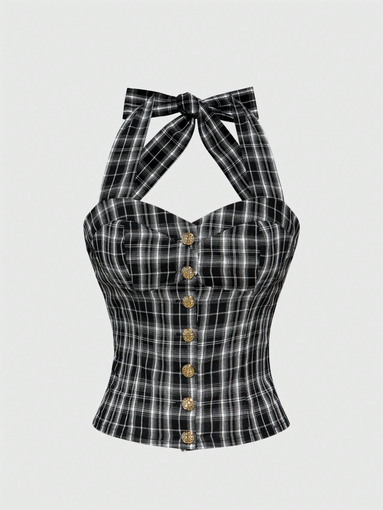 ROMWE Academia Blusa con escote abierto, con estampado de cuadros, espalda descubierta y lazo para mujer con estilo milenario Y2K de colegiala sexy