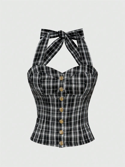 ROMWE Academia Blusa con escote abierto, con estampado de cuadros, espalda descubierta y lazo para mujer con estilo milenario Y2K de colegiala sexy