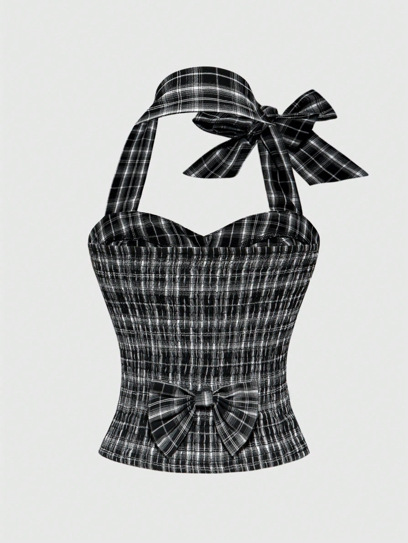 ROMWE Academia Blusa con escote abierto, con estampado de cuadros, espalda descubierta y lazo para mujer con estilo milenario Y2K de colegiala sexy