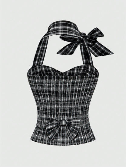 ROMWE Academia Blusa con escote abierto, con estampado de cuadros, espalda descubierta y lazo para mujer con estilo milenario Y2K de colegiala sexy