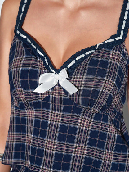 ROMWE Academia Conjunto de pijama informal con suéter de cuadros