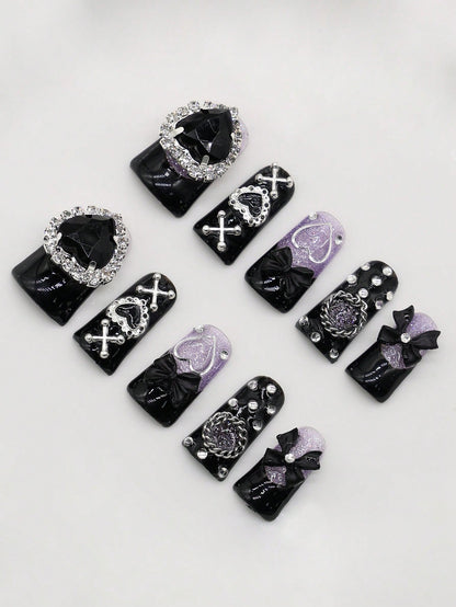 ROMWE Anime 10 piezas de uñas postizas de alta calidad con decoración de lazo y corazón en estilo gótico + 3 piezas de adhesivo doble cara, pegatinas decorativas de uñas con brillo