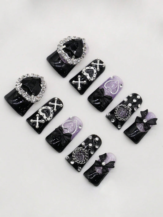 ROMWE Anime 10 piezas de uñas postizas de alta calidad con decoración de lazo y corazón en estilo gótico + 3 piezas de adhesivo doble cara, pegatinas decorativas de uñas con brillo