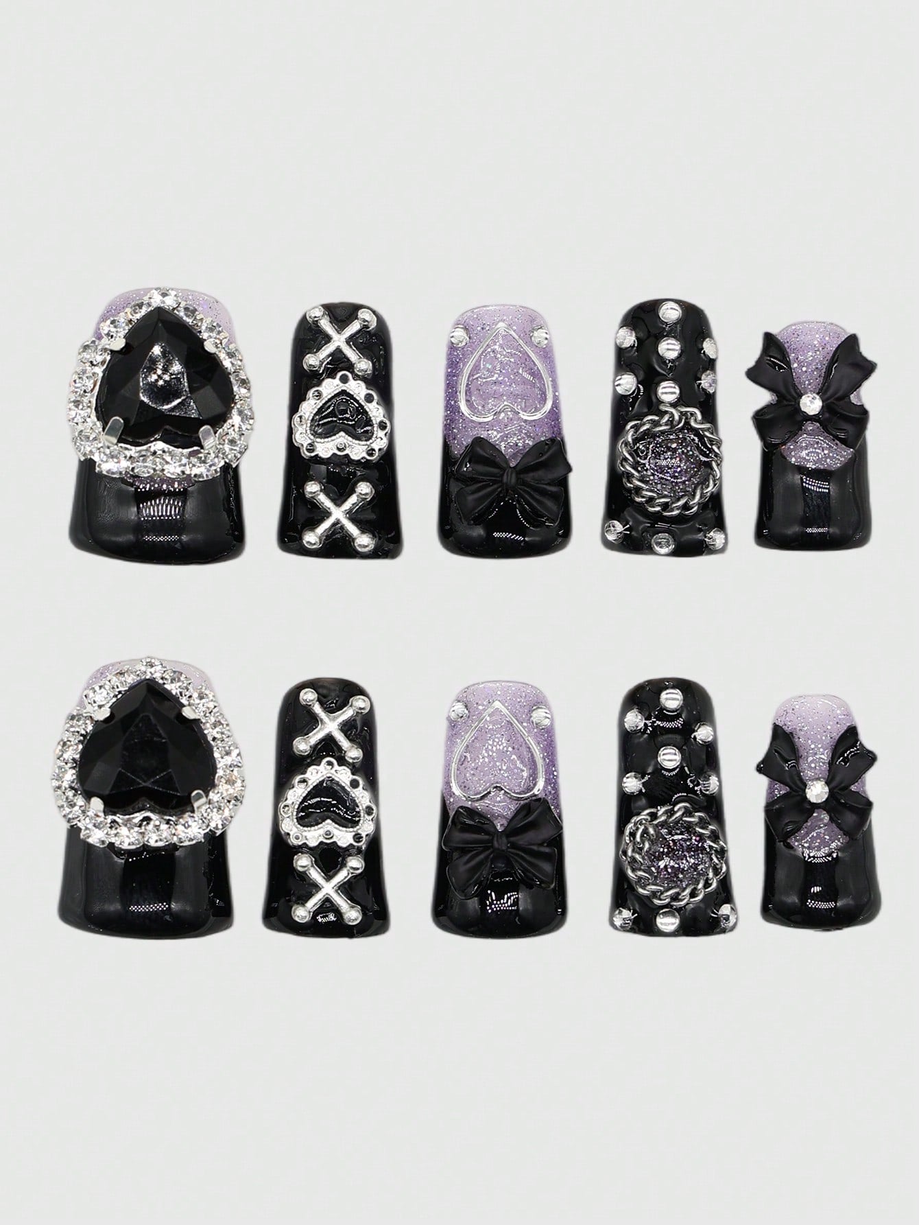 ROMWE Anime 10 piezas de uñas postizas de alta calidad con decoración de lazo y corazón en estilo gótico + 3 piezas de adhesivo doble cara, pegatinas decorativas de uñas con brillo