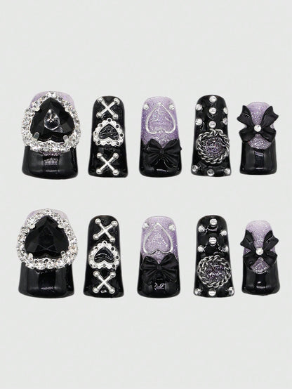 ROMWE Anime 10 piezas de uñas postizas de alta calidad con decoración de lazo y corazón en estilo gótico + 3 piezas de adhesivo doble cara, pegatinas decorativas de uñas con brillo