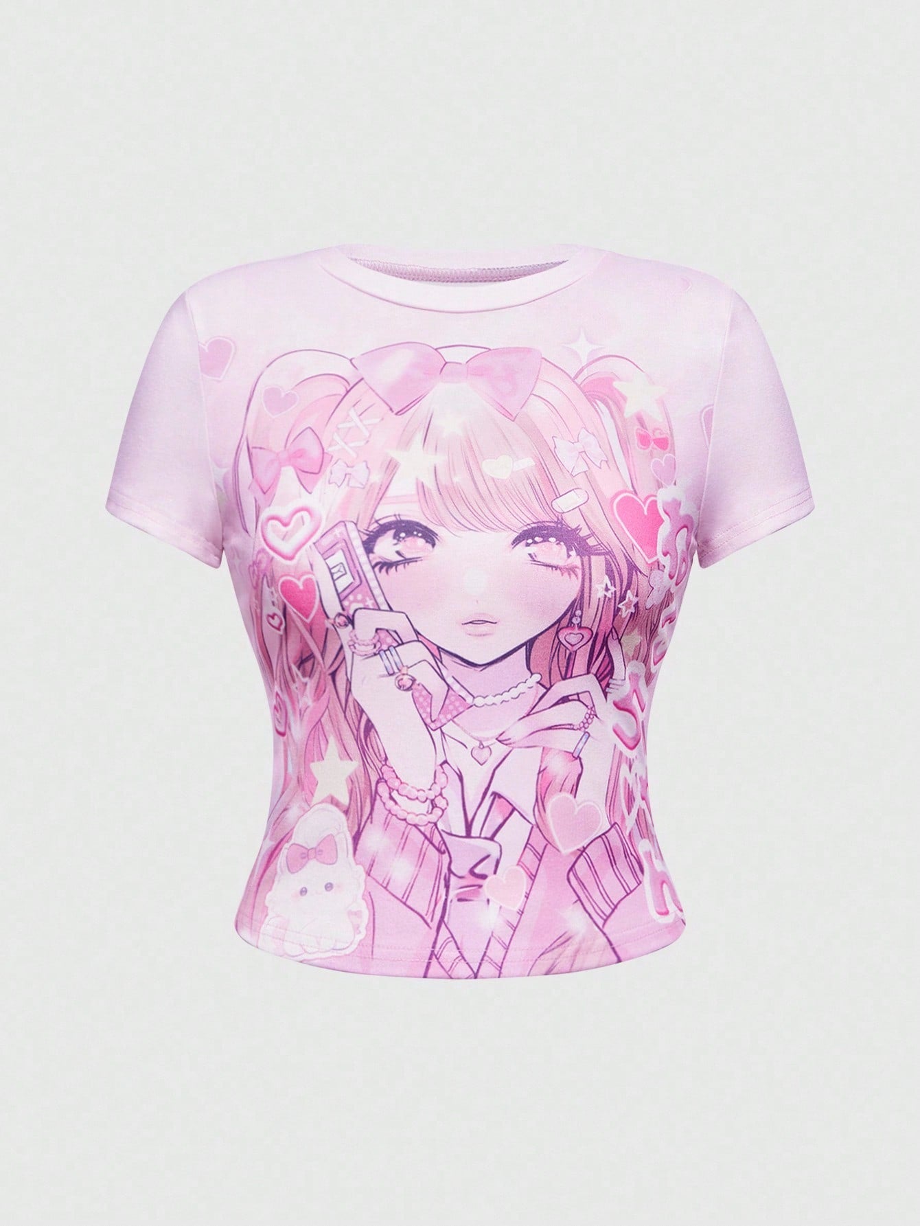 ROMWE Anime Camiseta ajustada de manga corta y cuello redondo con diseño de niña de dibujos animados para mujer
