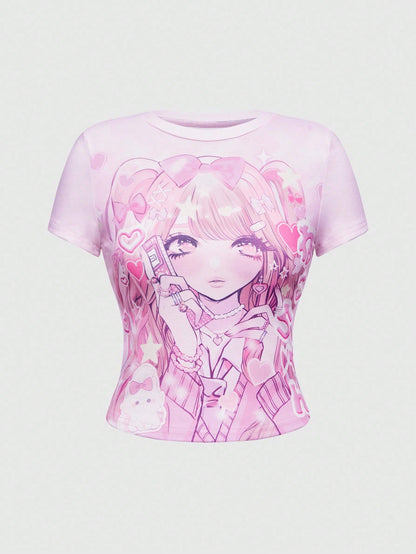 ROMWE Anime Camiseta ajustada de manga corta y cuello redondo con diseño de niña de dibujos animados para mujer