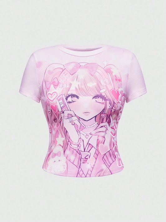 ROMWE Anime Camiseta ajustada de manga corta y cuello redondo con diseño de niña de dibujos animados para mujer