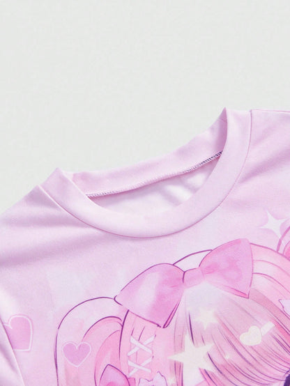 ROMWE Anime Camiseta ajustada de manga corta y cuello redondo con diseño de niña de dibujos animados para mujer