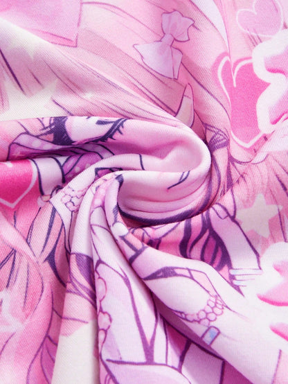 ROMWE Anime Camiseta ajustada de manga corta y cuello redondo con diseño de niña de dibujos animados para mujer