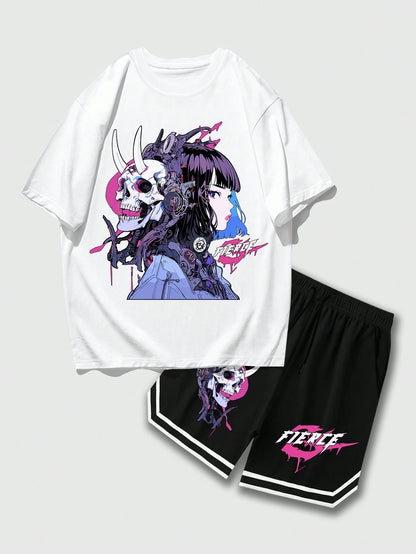 ROMWE Anime Conjunto de camiseta de cuello redondo con estampado de calavera y pantalones cortos con cordón en la cintura para hombre de verano