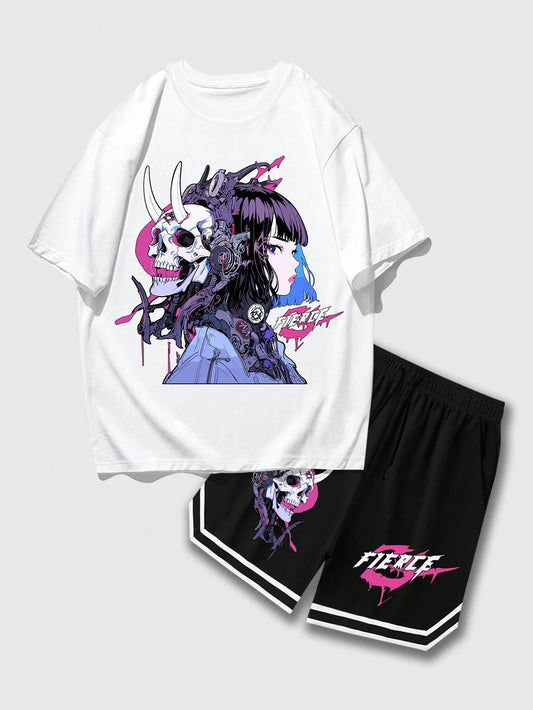 ROMWE Anime Conjunto de camiseta de cuello redondo con estampado de calavera y pantalones cortos con cordón en la cintura para hombre de verano