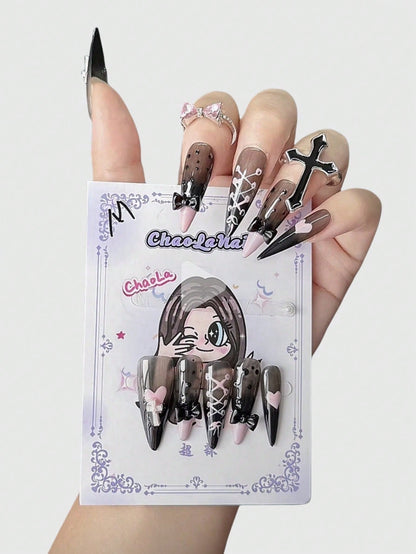ROMWE Anime Uñas postizas kawaii Y2K con corazón rosa, cruz gótica, textura romántica francesa y lazo, para Halloween