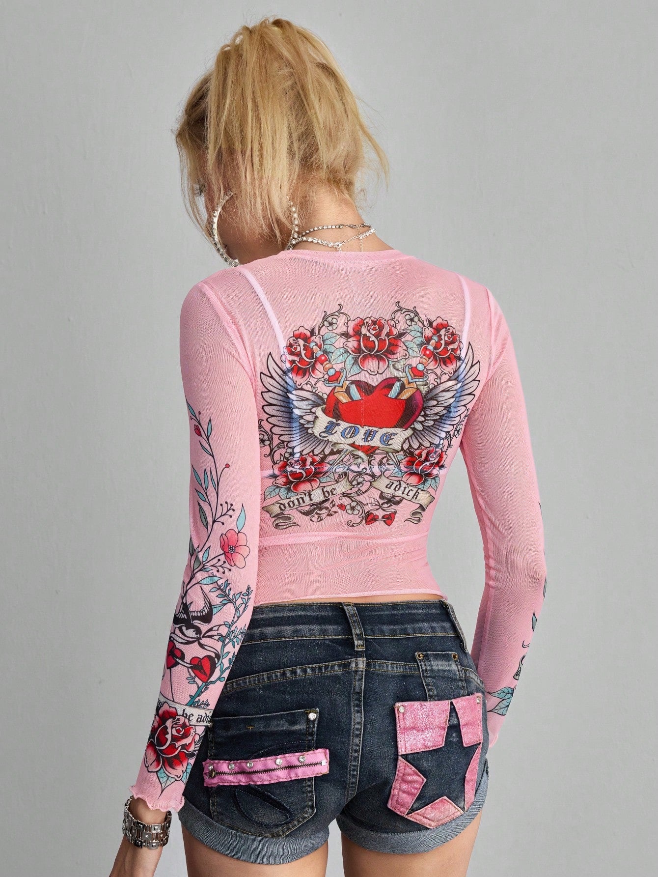 ROMWE Avant Blusa de manga larga con cuello redondo y estampado minimalista para mujer