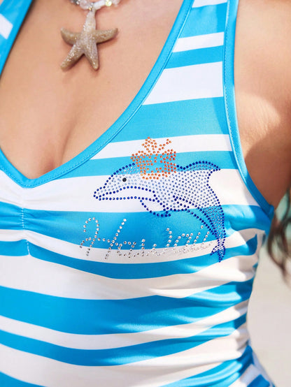 ROMWE Avant Bodyhound de mujer de vacaciones con halter sin mangas y fruncido a rayas