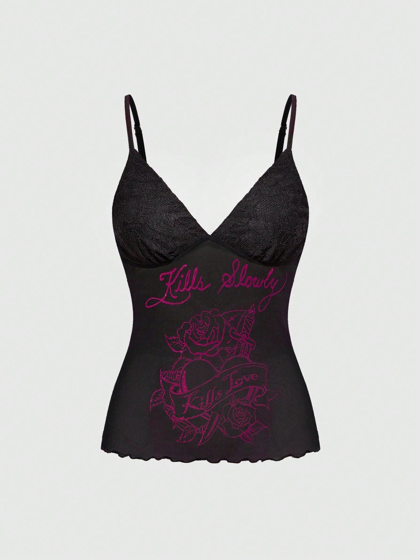 ROMWE Avant Camiseta de tirantes de mujer con estampado de letras y patchwork de encaje para el verano