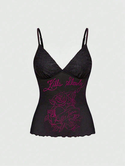 ROMWE Avant Camiseta de tirantes de mujer con estampado de letras y patchwork de encaje para el verano