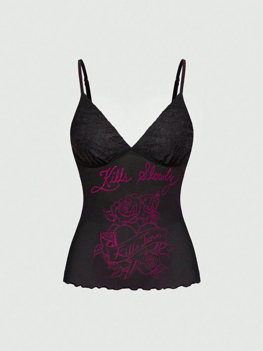 ROMWE Avant Camiseta de tirantes de mujer con estampado de letras y patchwork de encaje para el verano